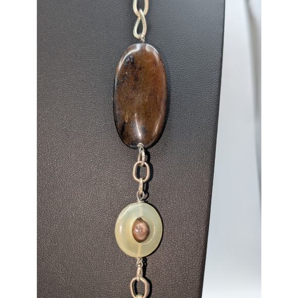 Vtg Green Brown Neutral Colors Stone & Glass Bead Silver Tone Chain Necklace - Picture 4 of 7